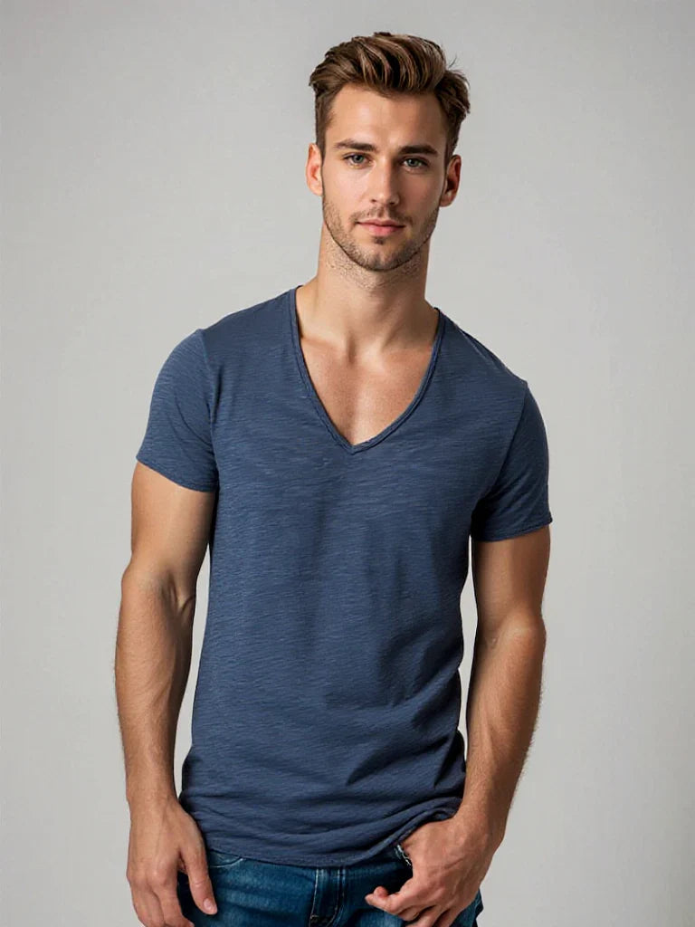 Patryk | T-shirt męski jesień lekki przewiewny materiał z głębokim dekoltem V i nowoczesnym krojem