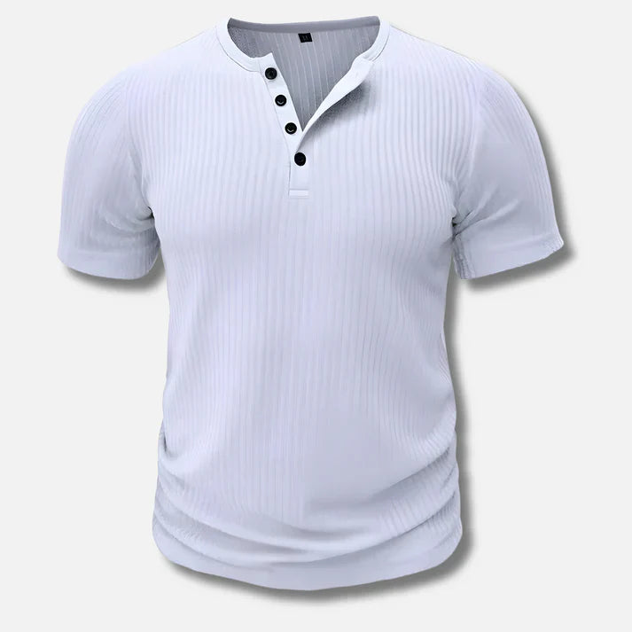 Amos | T-shirt męski jesień dopasowany oddychający materiał z kołnierzykiem Henley i eleganckim wykończeniem