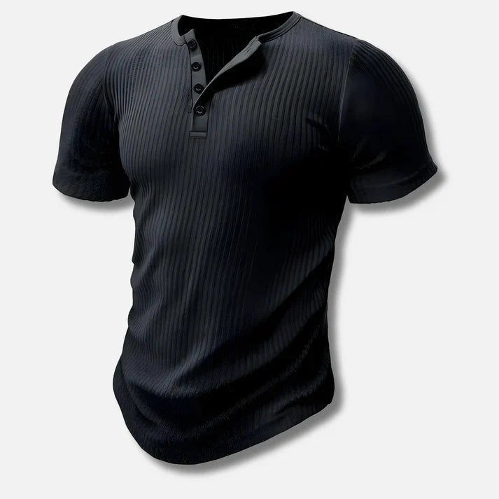 Amos | T-shirt męski jesień dopasowany oddychający materiał z kołnierzykiem Henley i eleganckim wykończeniem