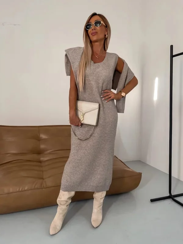 Zuzanna - Komplet damski elegancki - Sukienka i sweter z kołnierzem dla klasycznego stylu