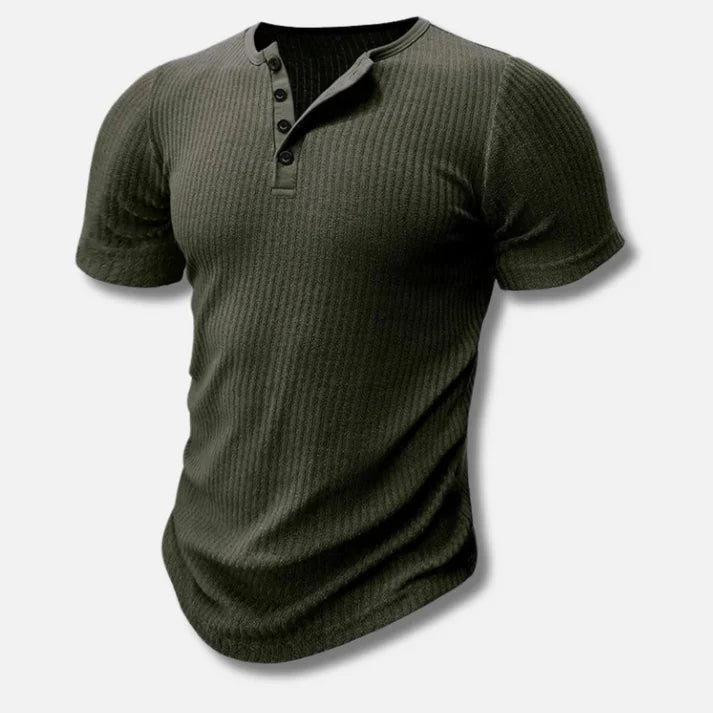 Amos | T-shirt męski jesień dopasowany oddychający materiał z kołnierzykiem Henley i eleganckim wykończeniem