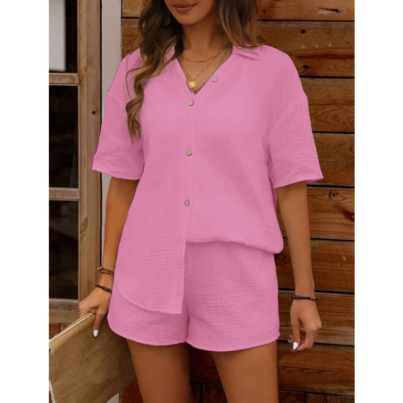Milena - Komplet damski casual - Top z dekoltem V i szorty, wygodny i elegancki