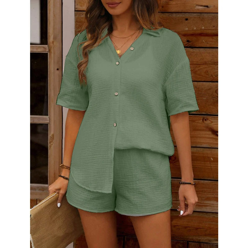 Milena - Komplet damski casual - Top z dekoltem V i szorty, wygodny i elegancki