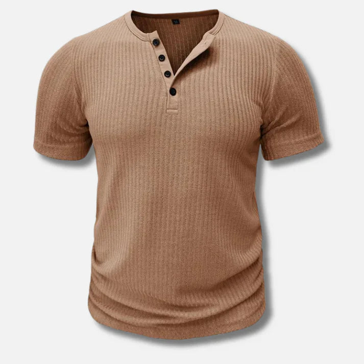 Amos | T-shirt męski jesień dopasowany oddychający materiał z kołnierzykiem Henley i eleganckim wykończeniem