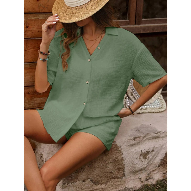 Milena - Komplet damski casual - Top z dekoltem V i szorty, wygodny i elegancki