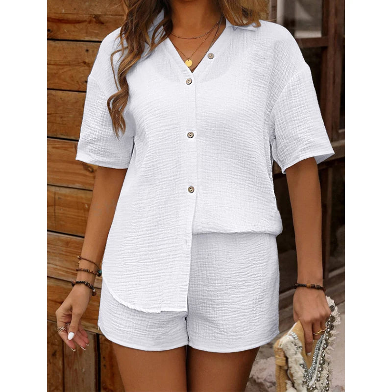 Milena - Komplet damski casual - Top z dekoltem V i szorty, wygodny i elegancki