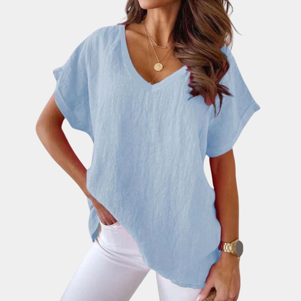Lidia | T-shirt dla kobiet jesień miękkie przewiewne w lekkim materiale z dekoltem V i luźnym fasonem