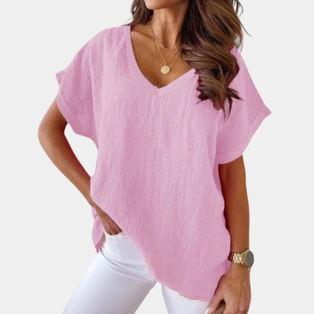 Lidia | T-shirt dla kobiet jesień miękkie przewiewne w lekkim materiale z dekoltem V i luźnym fasonem