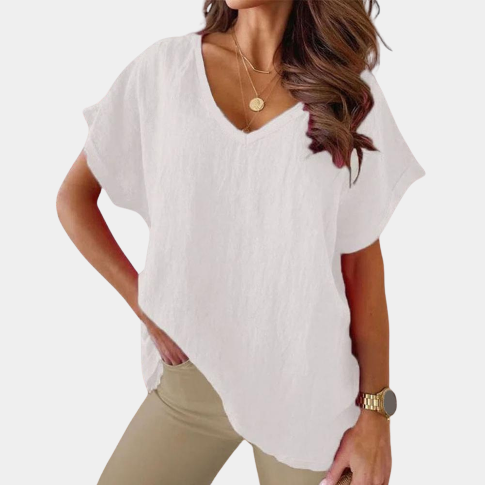 Lidia | T-shirt dla kobiet jesień miękkie przewiewne w lekkim materiale z dekoltem V i luźnym fasonem