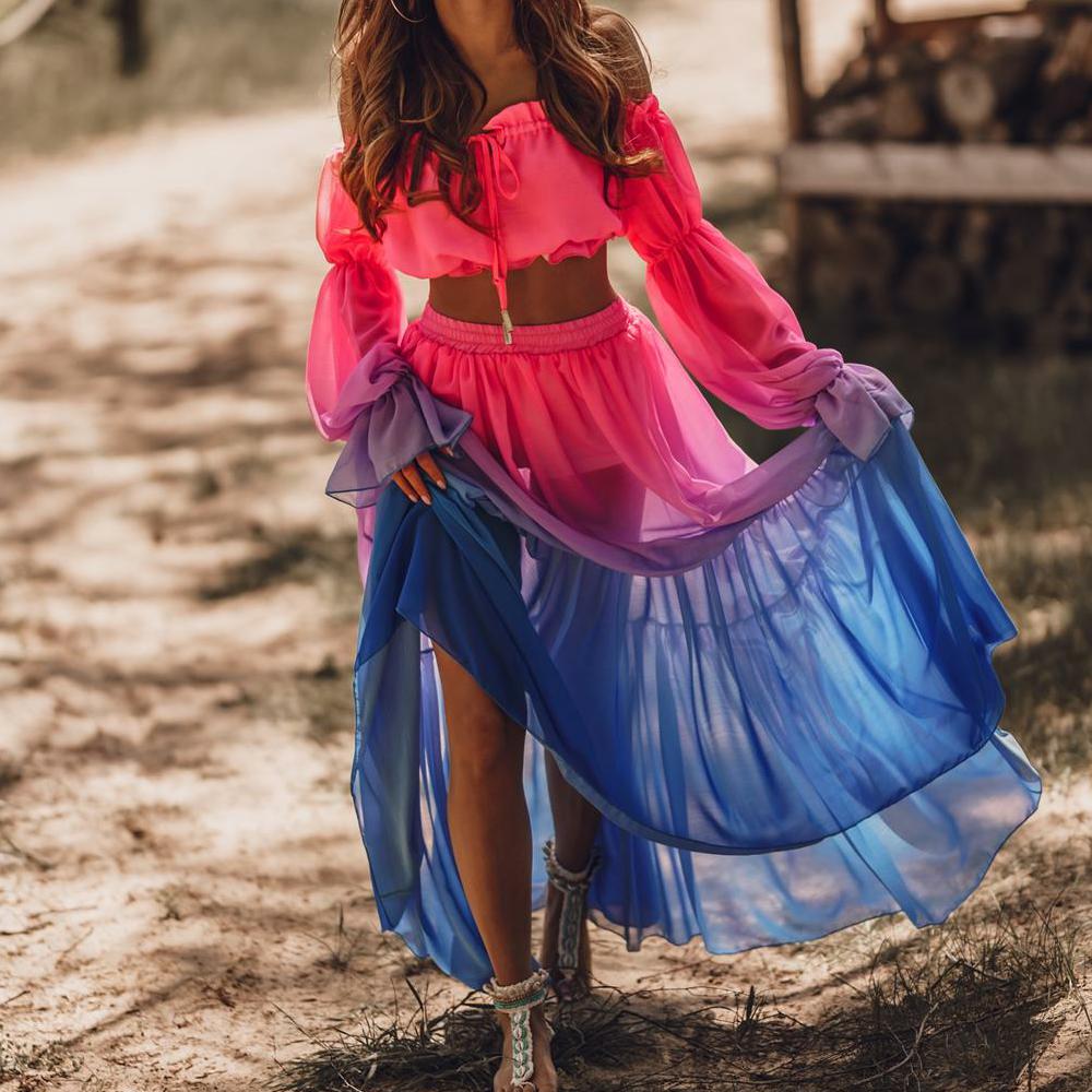 Natalia - Komplet damski - Off-shoulder top i długa spódnica