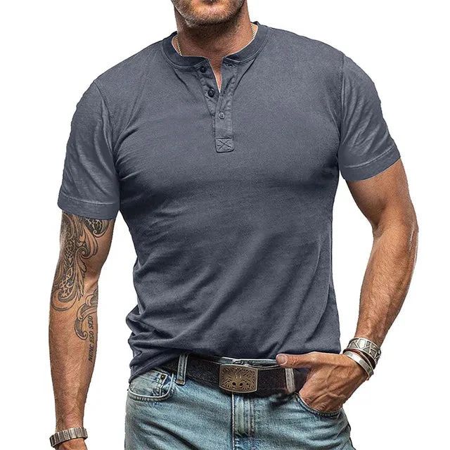 Kacper | T-shirt męski jesień lekki oddychający materiał z kołnierzykiem Henley i swobodnym krojem