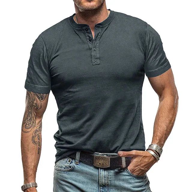Kacper | T-shirt męski jesień lekki oddychający materiał z kołnierzykiem Henley i swobodnym krojem