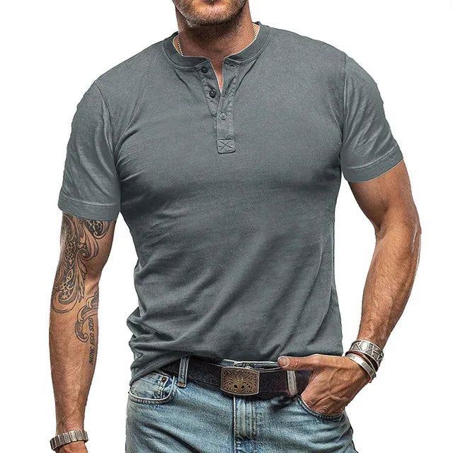 Kacper | T-shirt męski jesień lekki oddychający materiał z kołnierzykiem Henley i swobodnym krojem