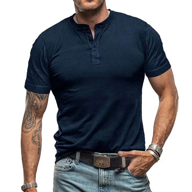 Kacper | T-shirt męski jesień lekki oddychający materiał z kołnierzykiem Henley i swobodnym krojem