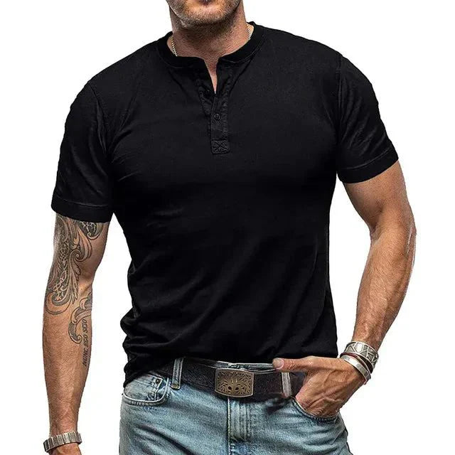 Kacper | T-shirt męski jesień lekki oddychający materiał z kołnierzykiem Henley i swobodnym krojem