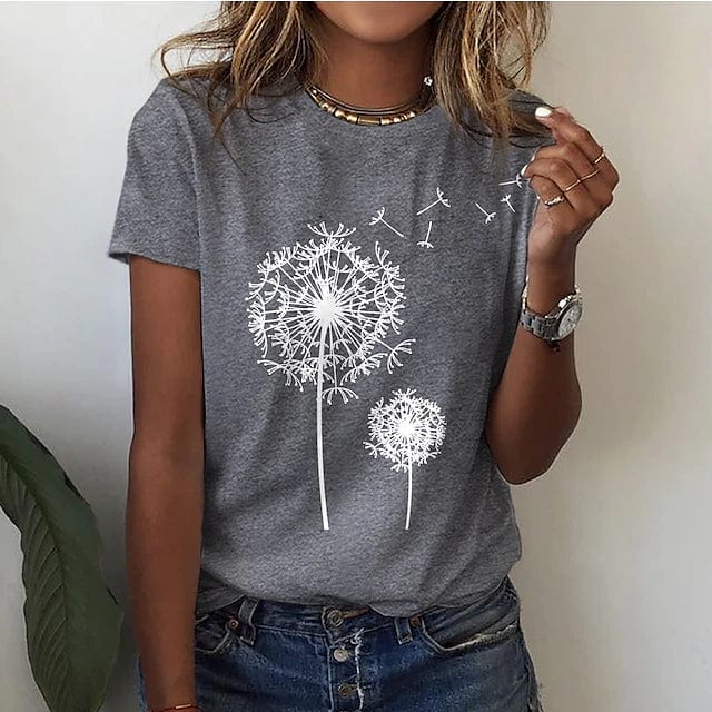Marcelina | T-shirt dla kobiet jesień oddychające z dłuższym krojem w bawełnianej mieszance z luźnym fasonem i nadrukiem dmuchawca