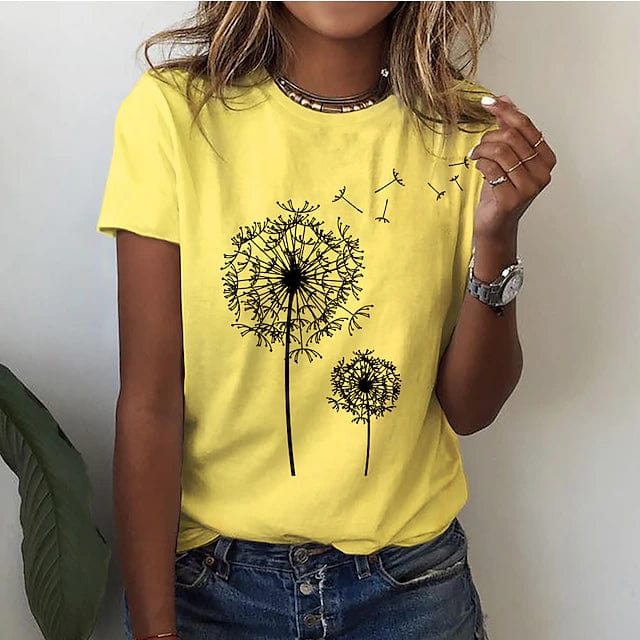 Marcelina | T-shirt dla kobiet jesień oddychające z dłuższym krojem w bawełnianej mieszance z luźnym fasonem i nadrukiem dmuchawca