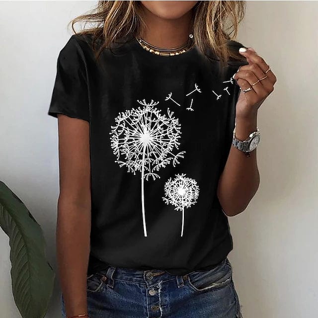 Marcelina | T-shirt dla kobiet jesień oddychające z dłuższym krojem w bawełnianej mieszance z luźnym fasonem i nadrukiem dmuchawca