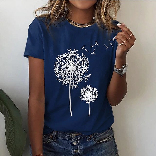 Marcelina | T-shirt dla kobiet jesień oddychające z dłuższym krojem w bawełnianej mieszance z luźnym fasonem i nadrukiem dmuchawca