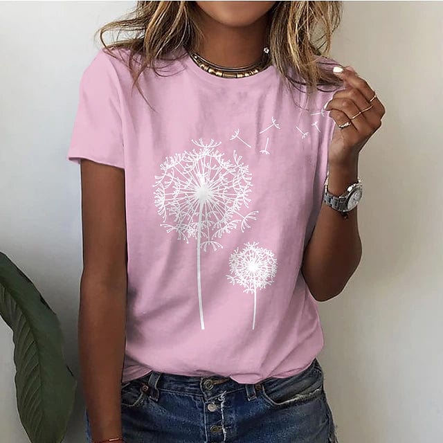 Marcelina | T-shirt dla kobiet jesień oddychające z dłuższym krojem w bawełnianej mieszance z luźnym fasonem i nadrukiem dmuchawca