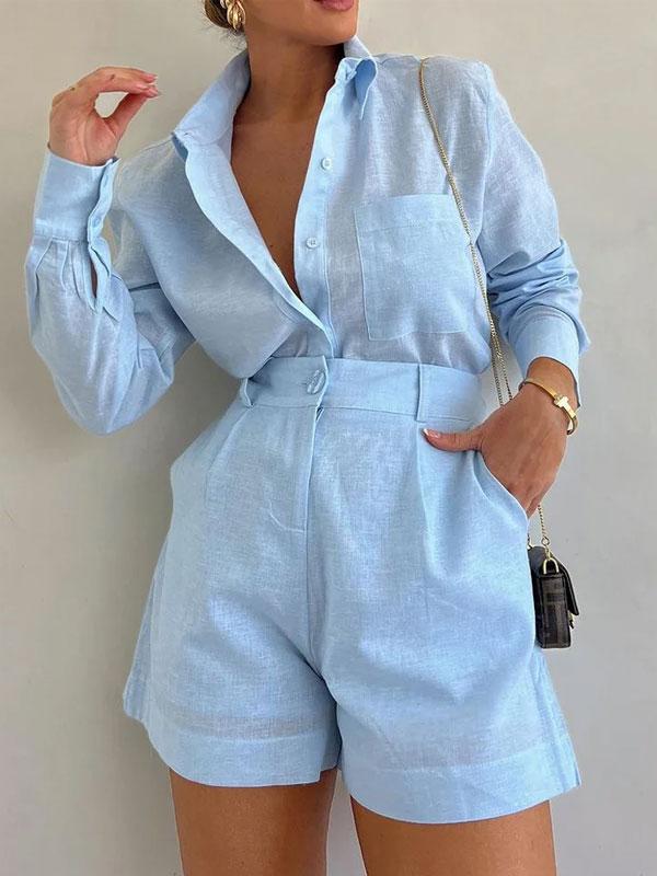 Gabriela - Komplet damski lniany - Stylowy niebieski zestaw dla eleganckiego wyglądu