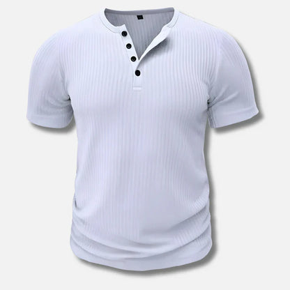 Amos | T-shirt męski jesień  dopasowany oddychający materiał z kołnierzykiem Henley i eleganckim wykończeniem