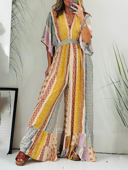 Marianna - Damski Boho Patchwork Kombinezon z Szerokimi Nogawkami
