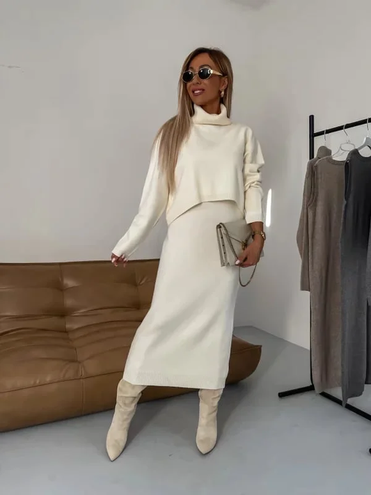 Zuzanna - Komplet damski elegancki - Sukienka i sweter z kołnierzem dla klasycznego stylu