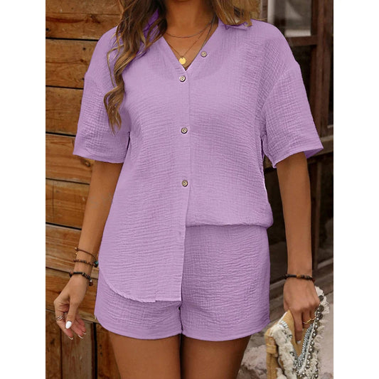 Milena - Komplet damski casual - Top z dekoltem V i szorty, wygodny i elegancki
