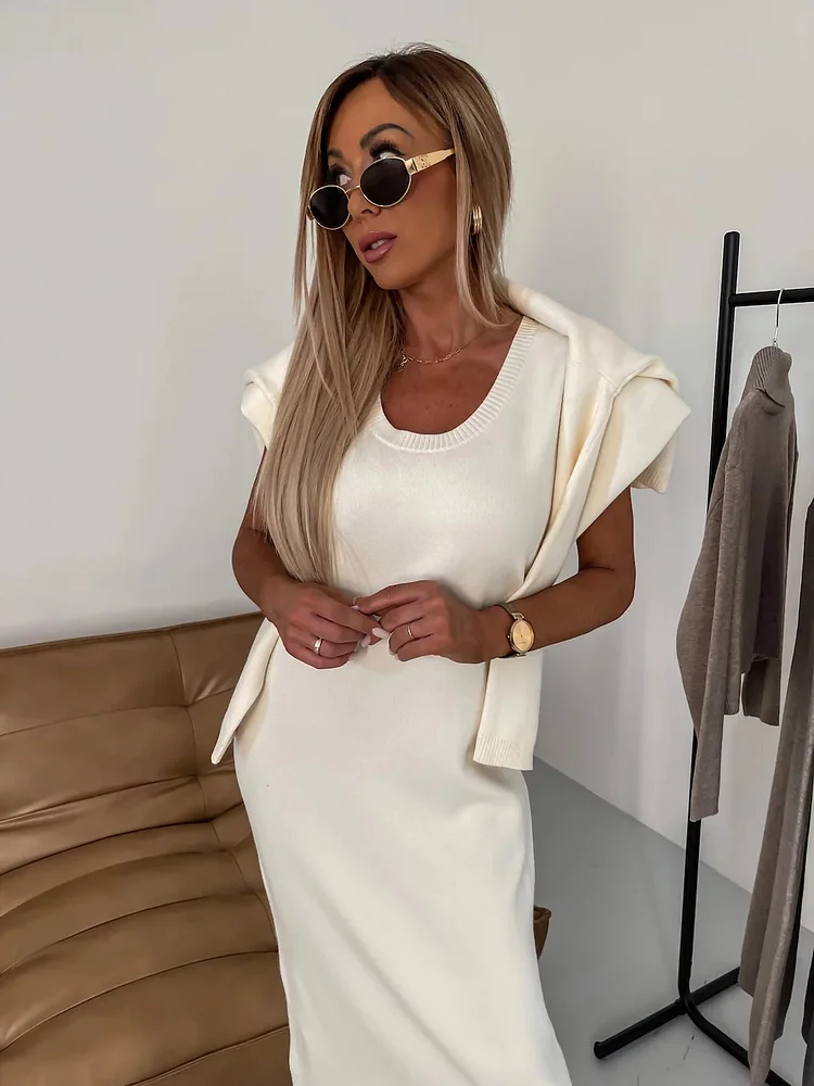 Zuzanna - Komplet damski elegancki - Sukienka i sweter z kołnierzem dla klasycznego stylu
