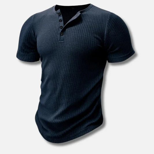 Amos | T-shirt męski jesień  dopasowany oddychający materiał z kołnierzykiem Henley i eleganckim wykończeniem