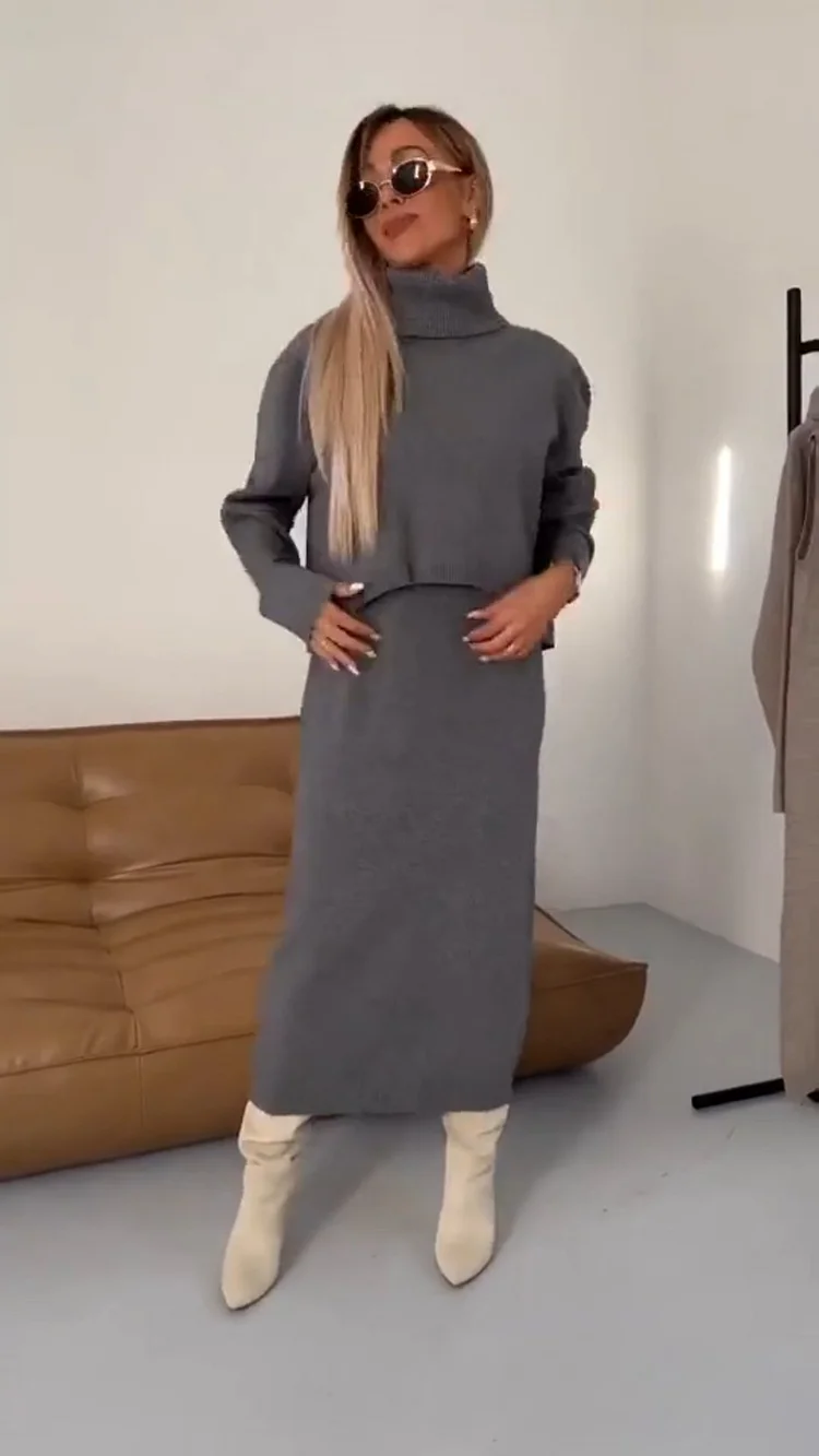 Zuzanna - Komplet damski elegancki - Sukienka i sweter z kołnierzem dla klasycznego stylu