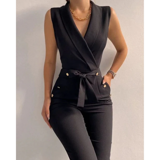 Dominika - Damski Stylowy Bezrękawnik Kombinezon z Guzikami