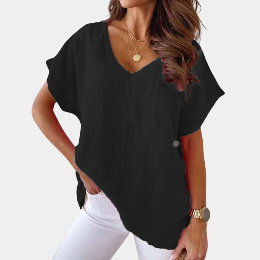 Lidia | T-shirt dla kobiet jesień  miękkie przewiewne w lekkim materiale z dekoltem V i luźnym fasonem