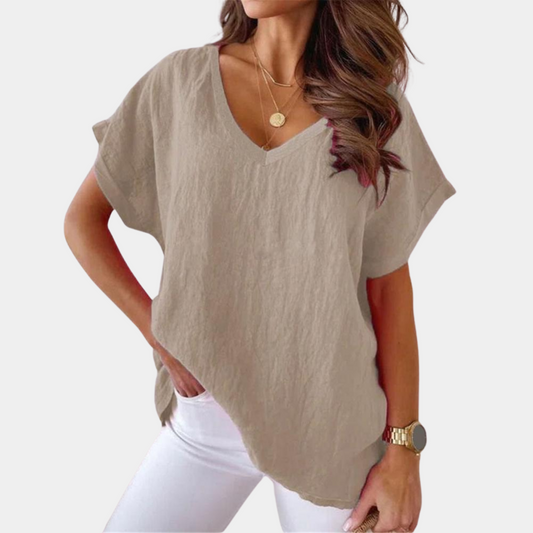 Lidia | T-shirt dla kobiet jesień  miękkie przewiewne w lekkim materiale z dekoltem V i luźnym fasonem