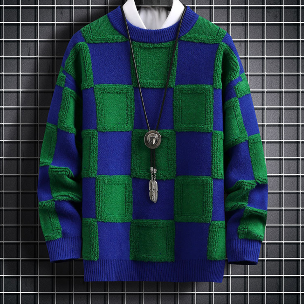 Rafał | Sweter męski w kratę z okrągłym dekoltem