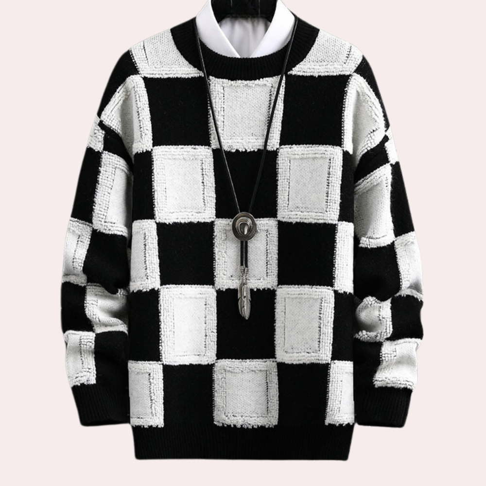 Rafał | Sweter męski w kratę z okrągłym dekoltem