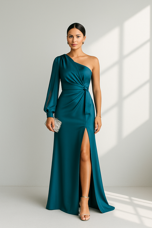 Asymetryczna sukienka one shoulder z rozcięciem – rzeźbiarska forma i kobiecy wdzięk