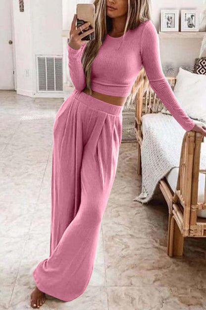 Zuzanna - Komplet damski prążkowany - Crop top i spodnie, nowoczesny styl