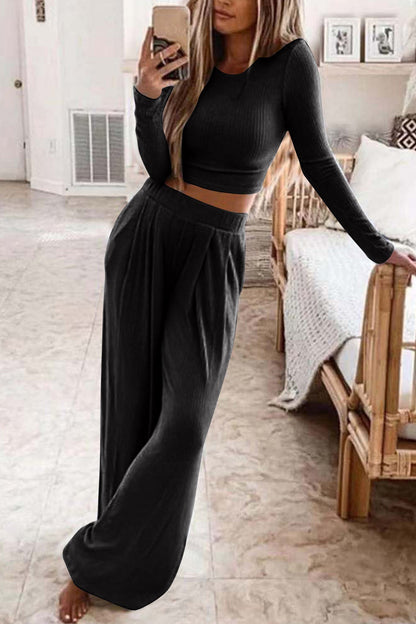Zuzanna - Komplet damski prążkowany - Crop top i spodnie, nowoczesny styl