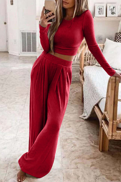 Zuzanna - Komplet damski prążkowany - Crop top i spodnie, nowoczesny styl