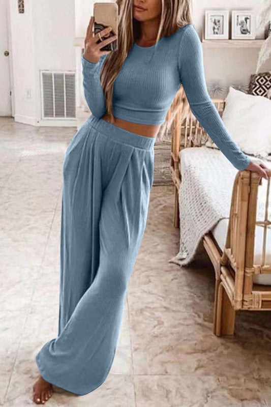 Zuzanna - Komplet damski prążkowany - Crop top i spodnie, nowoczesny styl
