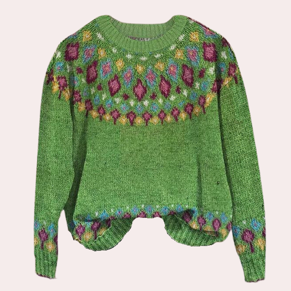 Eliza | Puszysty miękki sweter damski na jesień z dzianiny z wzorem skandynawskim i prostym dekoltem