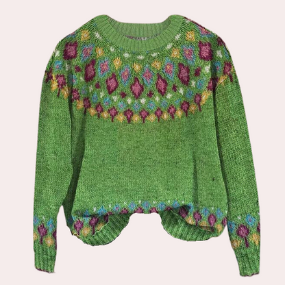 Eliza | Puszysty miękki sweter damski na jesień z dzianiny z wzorem skandynawskim i prostym dekoltem