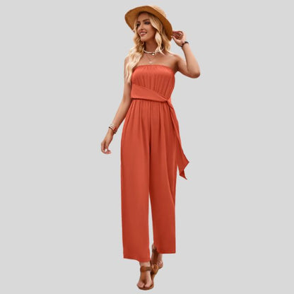Aleksandra - Damski Off-Shoulder Kombinezon z Paskiem w Talii