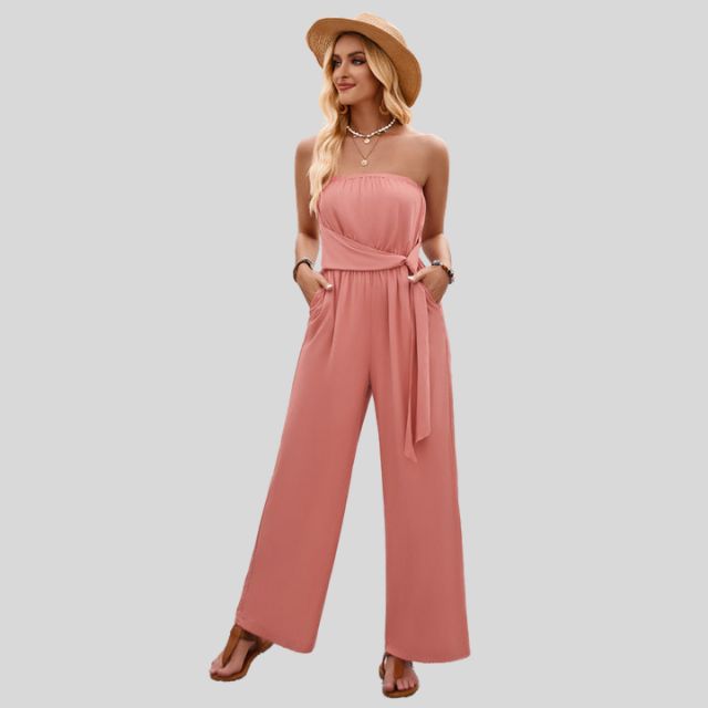 Aleksandra - Damski Off-Shoulder Kombinezon z Paskiem w Talii