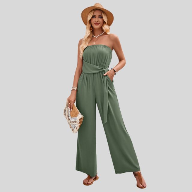 Aleksandra - Damski Off-Shoulder Kombinezon z Paskiem w Talii