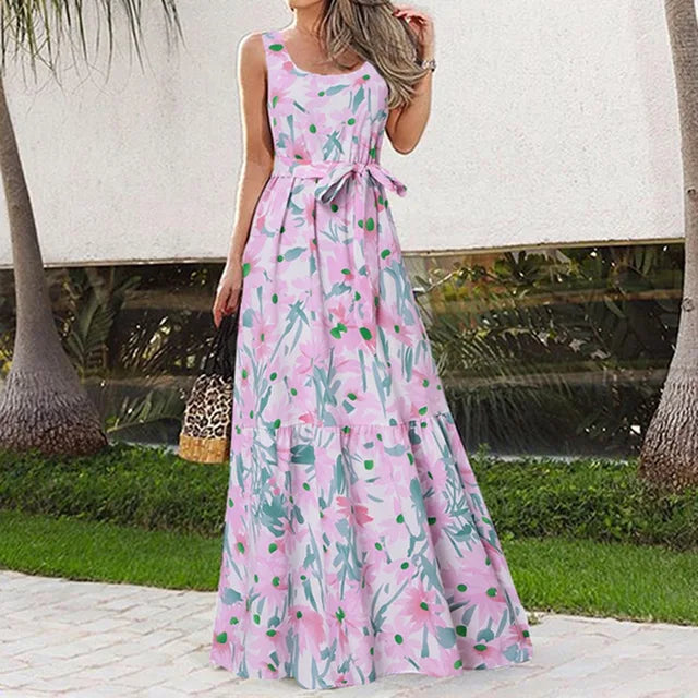 Monika - Bezrękawnikowa sukienka maxi w kwiaty damska