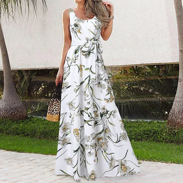 Monika - Bezrękawnikowa sukienka maxi w kwiaty damska