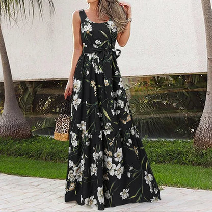 Monika - Bezrękawnikowa sukienka maxi w kwiaty damska